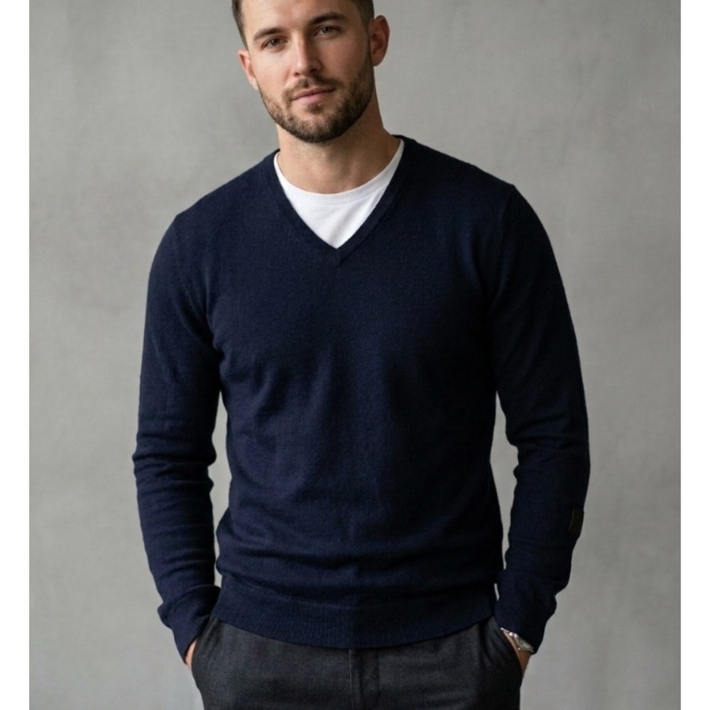 Zadig & Voltaire Mens Peter Mixpatch Navy Wool Cashmere V-Neck Sweater Size L